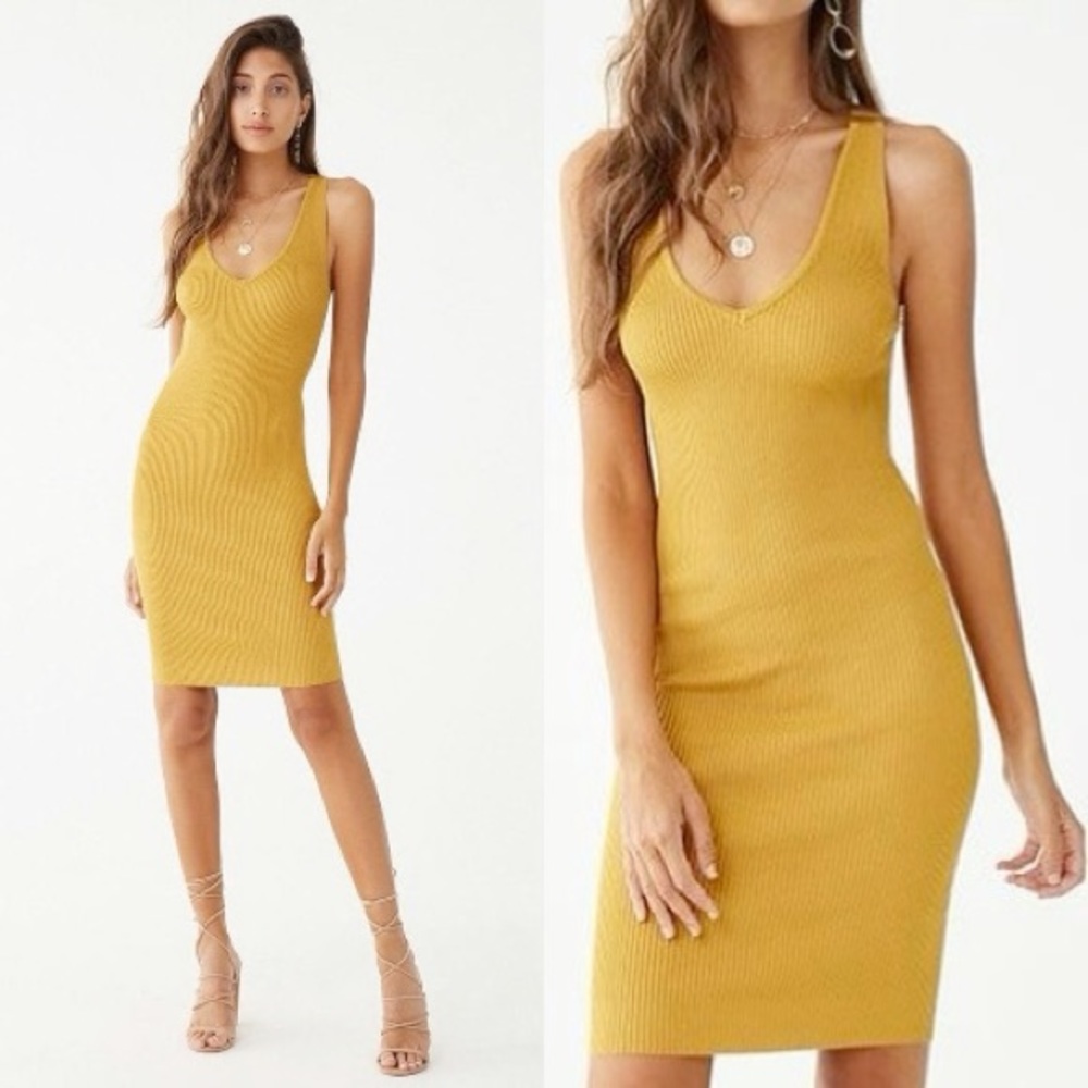 FOREVER 21 Mustard Yellow Sleeveless Ribbed Midi Dress S